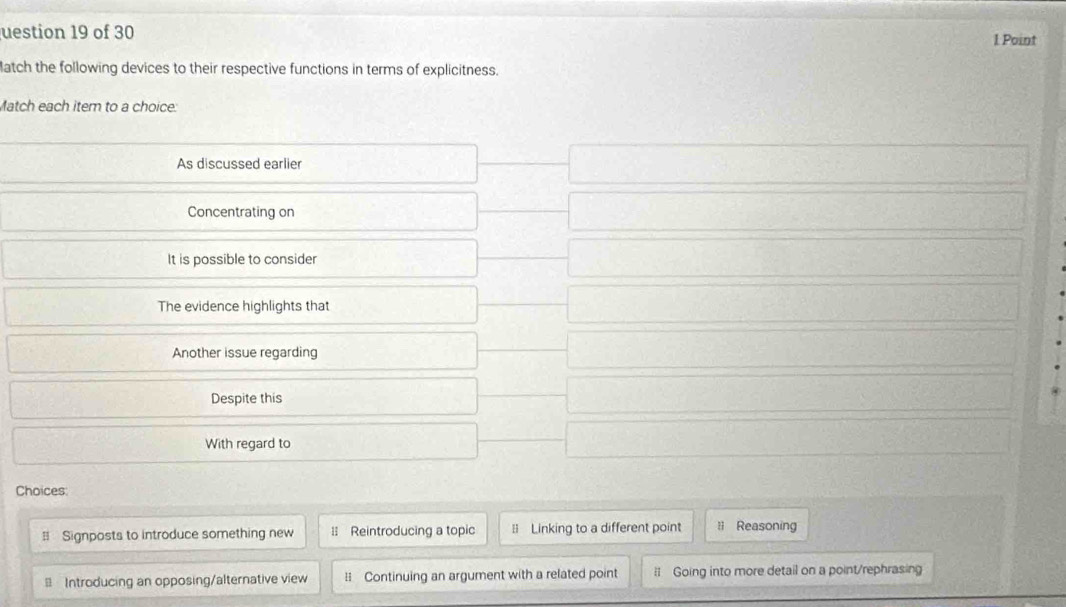 uestion 19 of 30 1 Point
latch the following devices to their respective functions in terms of explicitness.
Match each item to a choice:
As discussed earlier
Concentrating on
It is possible to consider
The evidence highlights that
Another issue regarding
Despite this
With regard to
Choices:
= Signposts to introduce something new l: Reintroducing a topic = Linking to a different point l Reasoning
= Introducing an opposing/alternative view = Continuing an argument with a related point : Going into more detail on a point/rephrasing