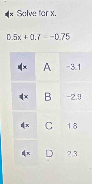 Solve for x.
0.5x+0.7=-0.75