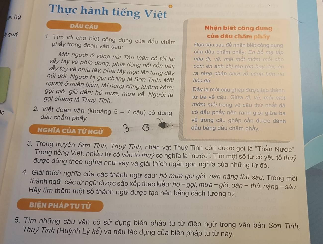 Thực hành tiếng Việt
an hệ
dấu câu Nhận biết công dụng
át quả của dấu chấm phẩy
1. Tìm và cho biết công dụng của dấu chấm Đọc câu sau để nhận biết công dụng
phẩy trong đoạn văn sau:
của dấu chấm phầy: Én bố mẹ tấp
Một người ở vùng núi Tản Viên có tài lạ: nập đi, về, mải mốt mớm mồi cho
vẫy tay về phía đông, phía đông nổi cồn bãi;  con; én anh chị rập rờn bay đôi; én
vẫy tay về phía tây, phía tây mọc lên từng dãy ra ràng chấp chới vỗ cánh bên rìa
núi đồi. Người ta gọi chàng là Sơn Tinh. Một hốc đá.
người ở miền biển, tài năng cũng không kém: Đây là một câu ghép được tạo thành
gọi gió, gió đến; hô mưa, mưa về. Người ta từ ba về câu. Giữa đi, về, mải mốt
gọi chàng là Thuỷ Tinh.
mớm mồi trong vế câu thứ nhất đã
2. Viết đoạn văn (khoảng 5 - 7 câu) có dùng
íc có dấu phẩy nên ranh giới giữa ba
dấu chấm phẫy. về trong câu ghép cần được đánh
NGhĩA CủA từ Ngữ
i dấu bằng dấu chấm phầy.
3. Trong truyện Sơn Tinh, Thuỷ Tinh, nhân vật Thuỷ Tinh còn được gọi là “Thần Nước”.
Trong tiếng Việt, nhiều từ có yếu tố thuỷ có nghĩa là “nước”. Tìm một số từ có yếu tố thuỷ
được dùng theo nghĩa như vậy và giải thích ngắn gọn nghĩa của những từ đó.
4. Giải thích nghĩa của các thành ngữ sau: hô mưa gọi gió, oán nặng thù sâu. Trong mỗi
thành ngữ, các từ ngữ được sắp xếp theo kiểu: hô - gọi, mưa - gió, oán − thù, nặng — sâu.
Hãy tìm thêm một số thành ngữ được tạo nên bằng cách tương tự.
biện pháp tU từ
5. Tìm những câu văn có sử dụng biện pháp tu từ điệp ngữ trong văn bản Sơn Tinh,
Thuỷ Tinh (Huỳnh Lý kể) và nêu tác dụng của biện pháp tu từ này.