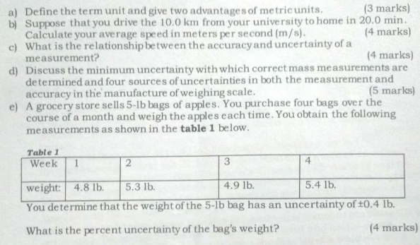 Define the term unit and give two advantages of metric units. (3 marks) 
b) Suppose that you drive the 10.0 km from your university to home in 20.0 min. 
Calculate your average speed in meters per second (m/s). (4 marks) 
c) What is the relationshipbetween the accuracyand uncertainty of a 
measurement? (4 marks) 
d) Discuss the minimum uncertainty with which correct mass measurements are 
determined and four sources of uncertainties in both the measurement and 
accuracy in the manufacture of weighing scale. (5 marks) 
e) A grocery store sells 5-1b bags of apples. You purchase four bags over the 
course of a month and weigh the apples each time. You obtain the following 
measurements as shown in the table 1 below. 
You determine that the weight of the 5-lb bag has an uncertainty of ±0.4 1b. 
What is the percent uncertainty of the bag's weight? (4 marks)