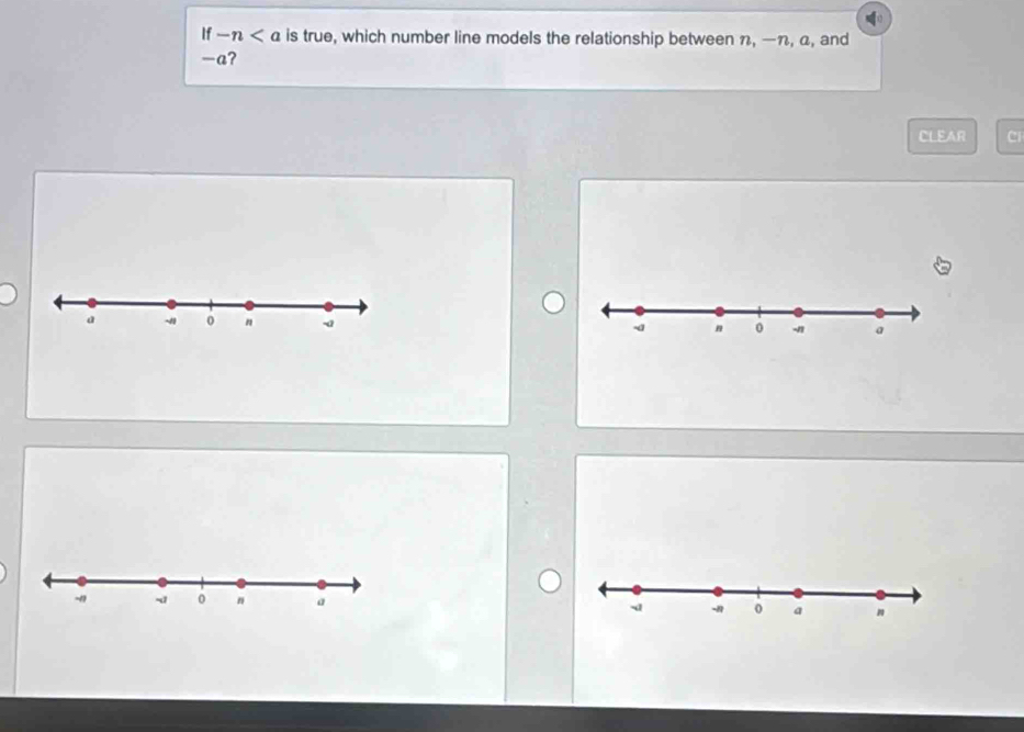 if-n is true, which number line models the relationship between π, —η, a, and
-a? 
CLEAR Ci 
- ~ 0 a