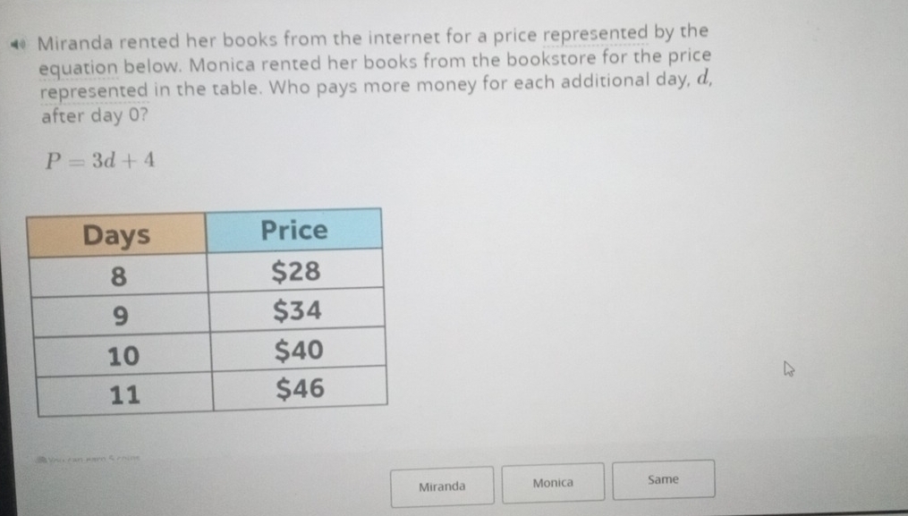 • Miranda rented her books from the internet for a price represented by the 
equation below. Monica rented her books from the bookstore for the price 
represented in the table. Who pays more money for each additional day, d, 
after day 0?
P=3d+4
Vna can jor C onme 
Miranda Monica Same