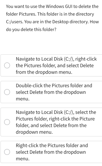Solved: You want to use the Windows GUI to delete the folder Pictures ...