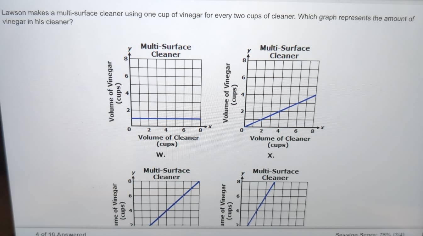 Lawson makes a multi-surface cleaner using one cup of vinegar for every two cups of cleaner. Which graph represents the amount of 
vinegar in his cleaner?

5
§ 

Volume of Cleaner Volume of Cleaner 
(cups) (cups) 
w. 
X. 



5 
4 of 10 Answered Session Score: 75% (3/4)