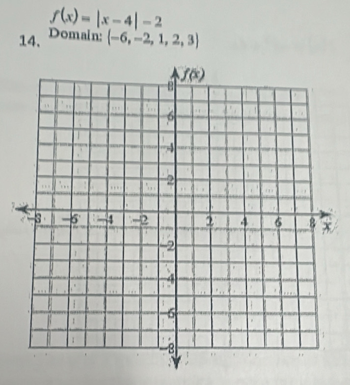 f(x)=|x-4|-2
14. Domain:  -6,-2,1,2,3