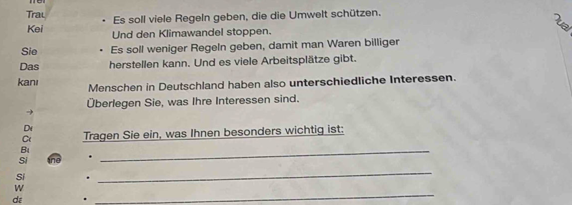 Trau 
Es soll viele Regeln geben, die die Umwelt schützen. 
Kei 
Und den Klimawandel stoppen. 
Sie Es soll weniger Regeln geben, damit man Waren billiger 
Das herstellen kann. Und es viele Arbeitsplätze gibt. 
kanı Menschen in Deutschland haben also unterschiedliche Interessen. 
Überlegen Sie, was Ihre Interessen sind. 
De 
C( Tragen Sie ein, was Ihnen besonders wichtig ist: 
Bl 
Si ne 
_ 
Si 
_ 
W 
dε 
. 
_