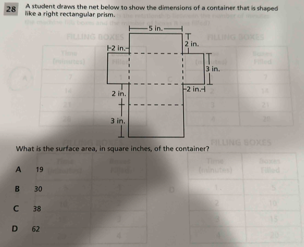 A student draws the net below to show the dimensions of a container that is shaped
28 like a right rectangular prism.
What is the surface area, in square inches, of the co
A 19
B 30
C 38
D 62