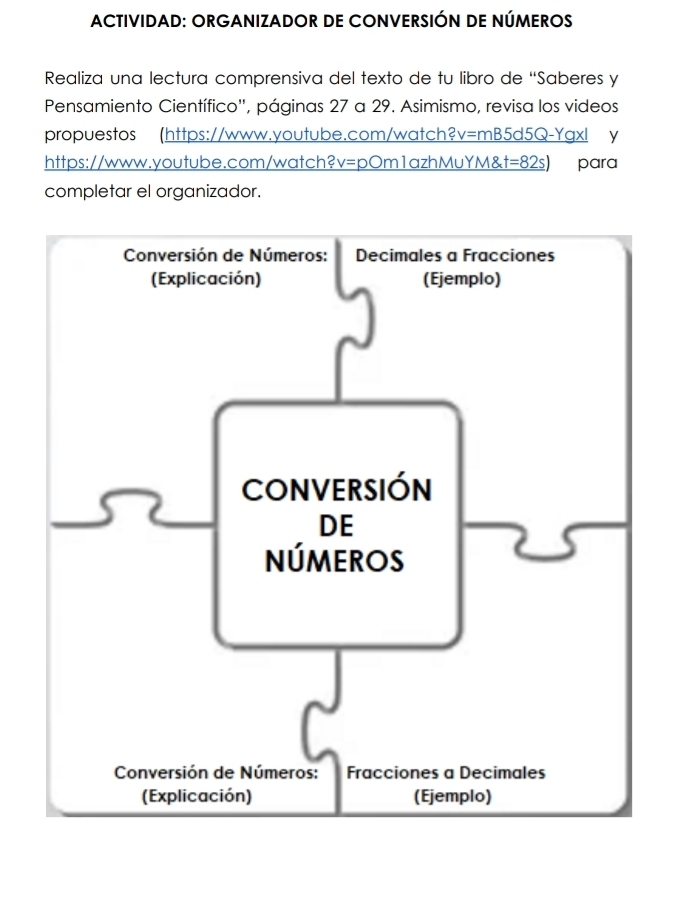 ACTIVIDAD: ORGANIZADOR DE CONVERSIÓN DE NÚMEROS 
Realiza una lectura comprensiva del texto de tu libro de ''Saberes y 
Pensamiento Científico'', páginas 27 a 29. Asimismo, revisa los videos 
propuestos (https://www.youtube.com/watch 2V= =mB5d5Q-Ygxl y 
https://www.youtube.com/watch? v= pOm1azhMuYM& _ t=82s) para 
completar el organizador.