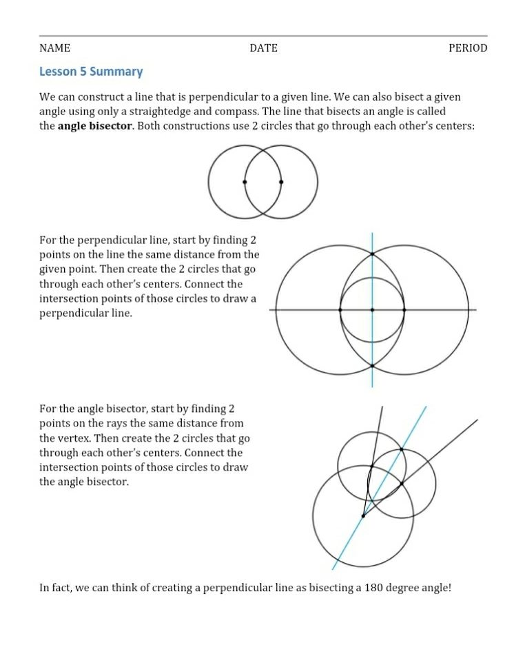 NAME DATE PERIOD 
Lesson 5 Summary 
We can construct a line that is perpendicular to a given line. We can also bisect a given 
angle using only a straightedge and compass. The line that bisects an angle is called 
the angle bisector. Both constructions use 2 circles that go through each other’s centers: 
For the perpendicular line, start by finding 2
points on the line the same distance from the 
given point. Then create the 2 circles that go 
through each other’s centers. Connect the 
intersection points of those circles to draw a 
perpendicular line. 
For the angle bisector, start by finding 2
points on the rays the same distance from 
the vertex. Then create the 2 circles that go 
through each other’s centers. Connect the 
intersection points of those circles to draw 
the angle bisector. 
In fact, we can think of creating a perpendicular line as bisecting a 180 degree angle!