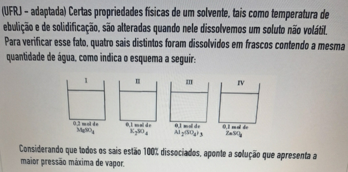 (UFRJ - adaptada) Certas propriedades físicas de um solvente, tais como temperatura de
ebulição e de solidificação, são alteradas quando nele dissolvemos um soluto não volátil.
Para verificar esse fato, quatro sais distintos foram dissolvidos em frascos contendo a mesma
quantidade de água, como indica o esquema a seguir:
Considerando que todos os sais estão 100% dissociados, aponte a solução que apresenta a
maior pressão máxima de vapor.