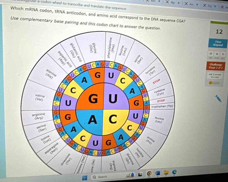 ogyBe-a-codon-wheel-to-transcribe-and-translate-dna-sequences 
Which mRNA codon, tRNA anticodon, and amino acid correspond to the DNA sequence CGA? 
Use complementary base pairing and this codon chart to answ
12
∞ 56
Challenge 
Stage 2 of 2 
()A (50
Set S correct 
QSearch