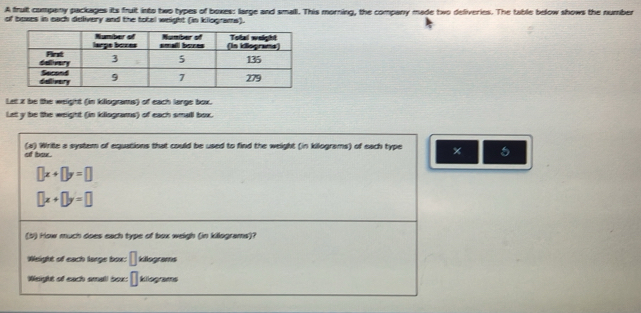 A fruit company packages its fruit into two types of boxes: large and small. This morning, the company made two deliveries. The table below shows the number 
of boses in each delivery and the total weight (in kiiograms). 
Let it be the weight (in kilograms) of each large box. 
Let y be the weight (in kllograms) of each small box. 
of box. (a) Write a system of equations that could be used to find the weight (in kilograms) of each type 5
□ x+□ y=□
□ x+□ y=□
(5) How much does each type of box weigh (in killograms)? 
Weight of each large box: □ kilograms
Weight of each small box: □ kilograms