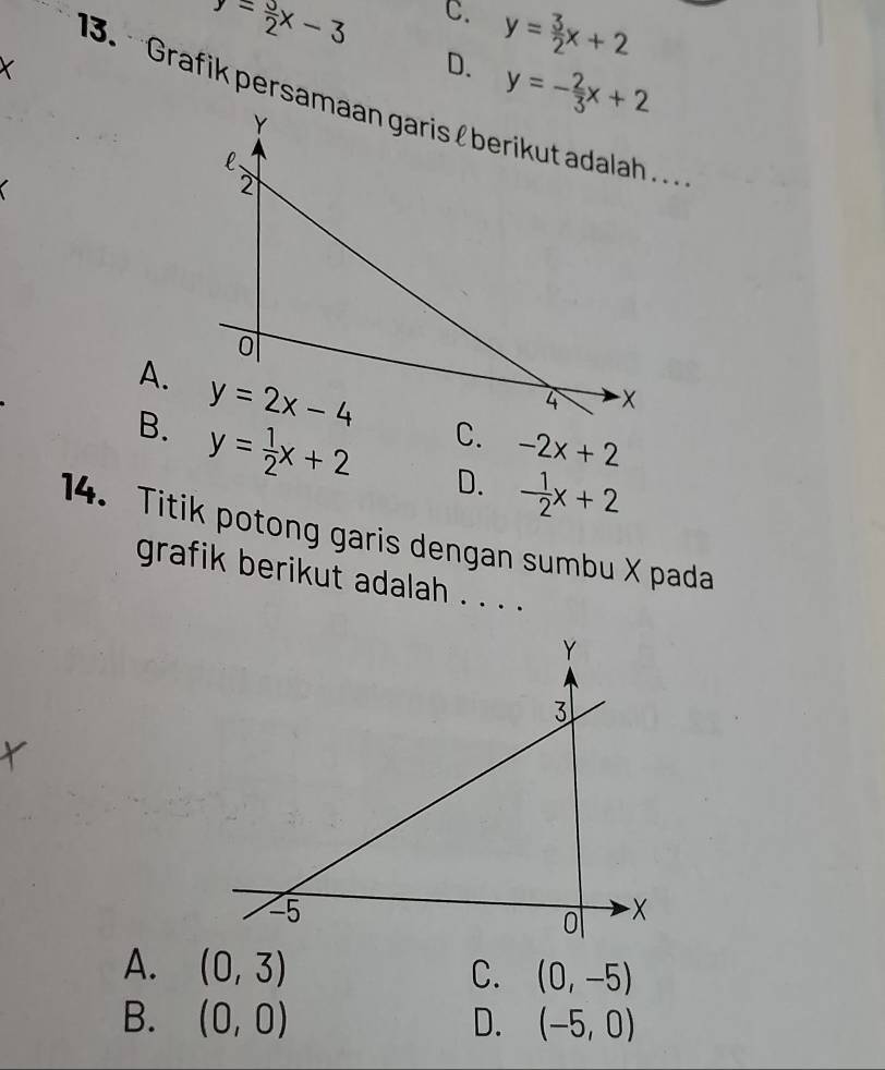 y= 5/2 x-3 C. y= 3/2 x+2
D. y=- 2/3 x+2
13. · Grafik persamaan garis l berikut adalah ....
a
A.C. -2x+2
B. y= 1/2 x+2 D. - 1/2 x+2
14. Titik potong garis dengan sumbu X pada
grafik berikut adalah . . . .
t
A. (0,3) C. (0,-5)
B. (0,0) D. (-5,0)