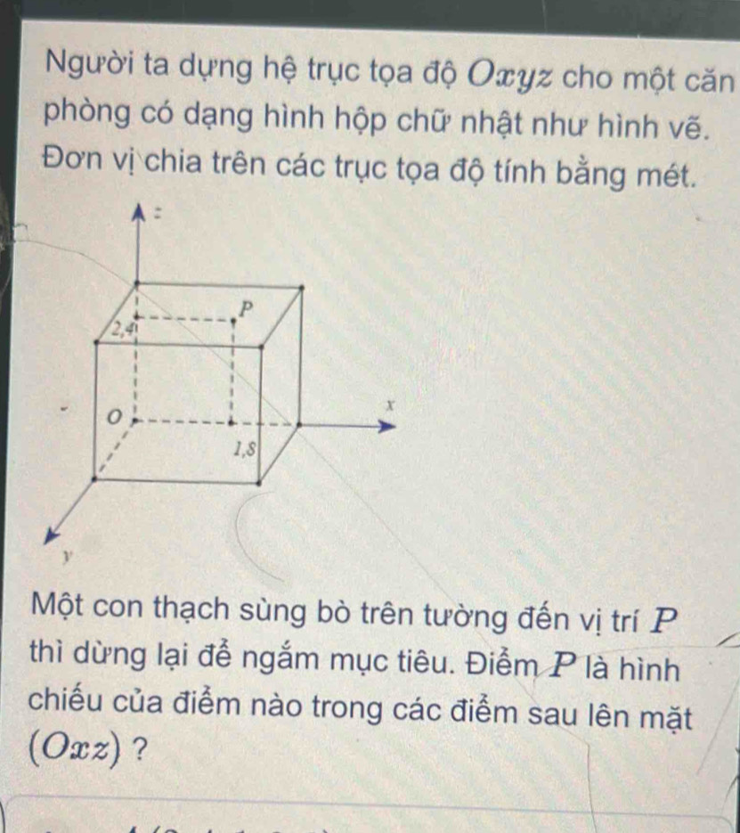 Người ta dựng hệ trục tọa độ Oxyz cho một căn 
phòng có dạng hình hộp chữ nhật như hình vẽ. 
Đơn vị chia trên các trục tọa độ tính bằng mét. 
Một con thạch sùng bò trên tường đến vị trí P 
thì dừng lại đễ ngắm mục tiêu. Điểm P là hình 
chiếu của điểm nào trong các điểm sau lên mặt 
(Oxz) ?