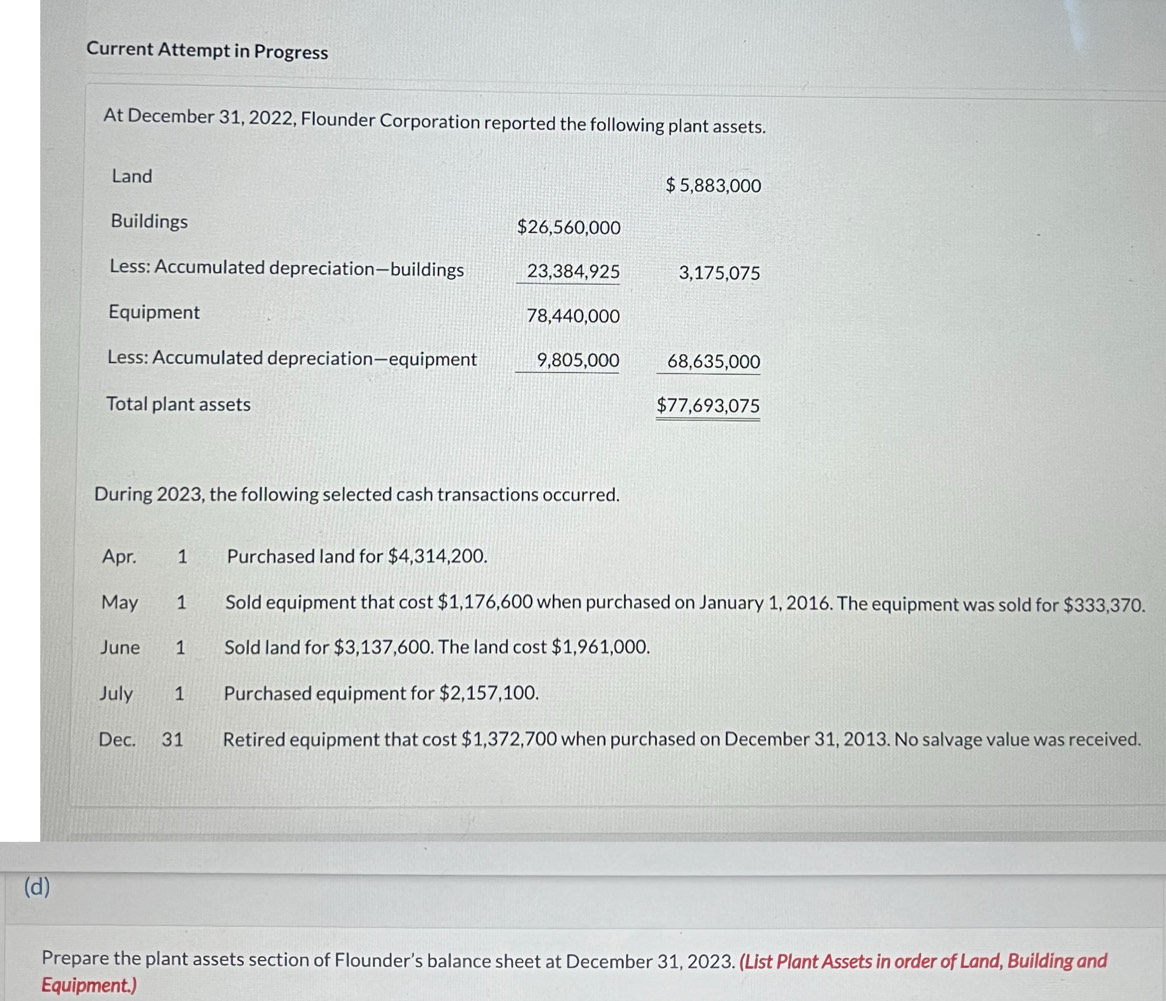 Current Attempt in Progress 
At December 31, 2022, Flounder Corporation reported the following plant assets. 
Land $ 5,883,000
Buildings $26,560,000
Less: Accumulated depreciation—buildings 23,384,925 3,175,075
Equipment 78,440,000
Less: Accumulated depreciation—equipment 9,805,000 68,635,000
Total plant assets $77,693,075
During 2023, the following selected cash transactions occurred. 
Apr. 1 Purchased land for $4,314,200. 
May 1 Sold equipment that cost $1,176,600 when purchased on January 1, 2016. The equipment was sold for $333,370. 
June ₹1 Sold land for $3,137,600. The land cost $1,961,000. 
July 1 Purchased equipment for $2,157,100. 
Dec. 31 té Retired equipment that cost $1,372,700 when purchased on December 31, 2013. No salvage value was received. 
(d) 
Prepare the plant assets section of Flounder's balance sheet at December 31, 2023. (List Plant Assets in order of Land, Building and 
Equipment.)