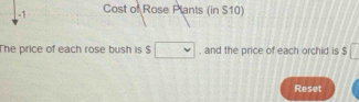 Cost of Rose Plants (in $10) 
The price of each rose bush is $ , and the price of each orchid is $
Reset