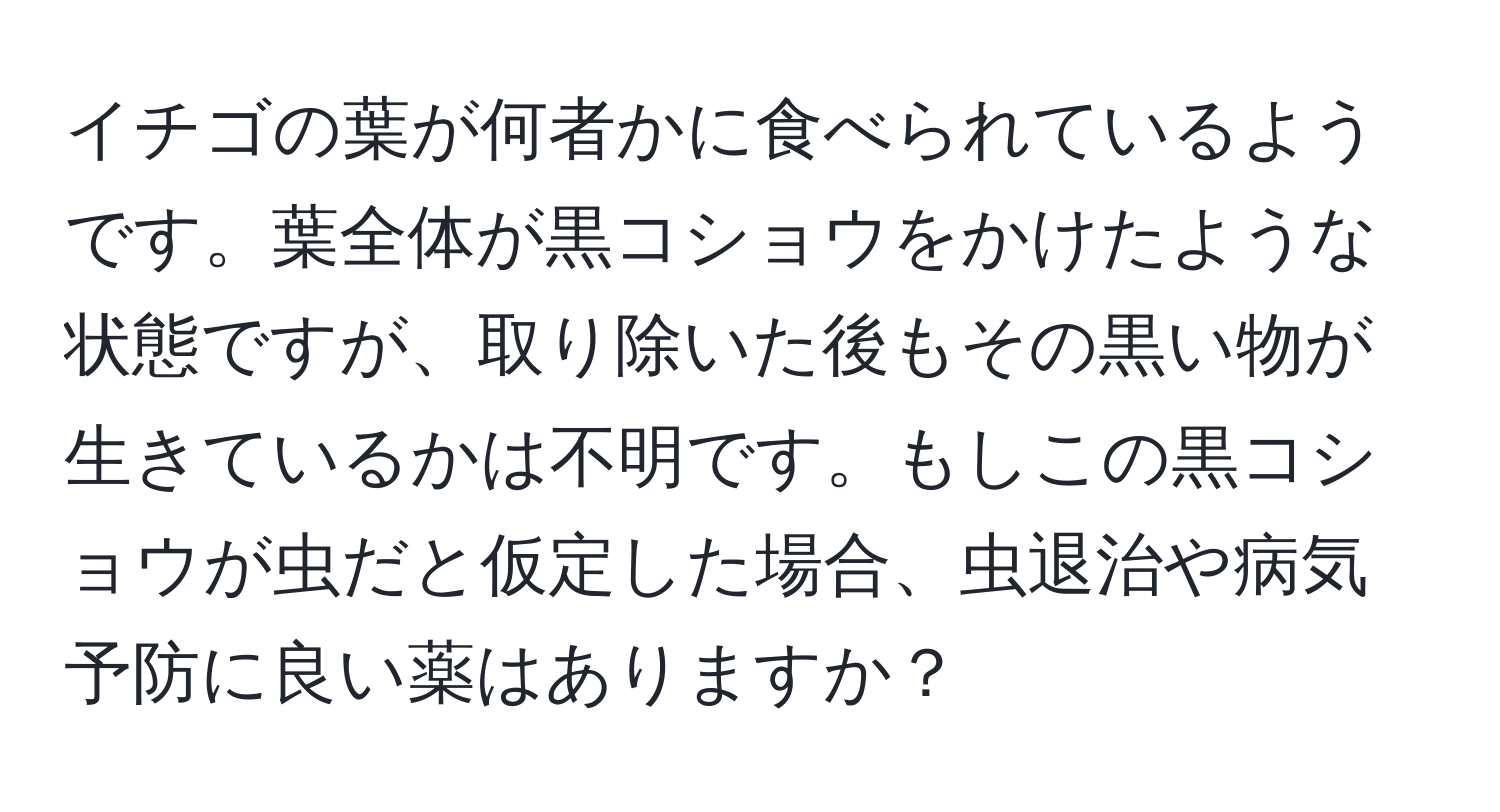 イチゴの葉が何者かに食べられているようです。葉全体が黒コショウをかけたような状態ですが、取り除いた後もその黒い物が生きているかは不明です。もしこの黒コショウが虫だと仮定した場合、虫退治や病気予防に良い薬はありますか？