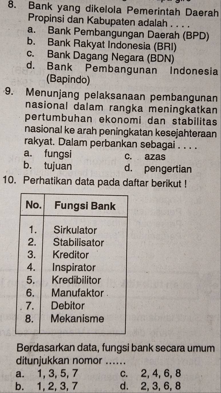 Bank yang dikelola Pemerintah Daerah
Propinsi dan Kabupaten adalah . . . .
a. Bank Pembangungan Daerah (BPD)
b. Bank Rakyat Indonesia (BRI)
c. Bank Dagang Negara (BDN)
d. Bank Pembangunan Indonesia
(Bapindo)
9. Menunjang pelaksanaan pembangunan
nasional dalam rangka meningkatkan 
pertumbuhan ekonomi dan stabilitas
nasional ke arah peningkatan kesejahteraan
rakyat. Dalam perbankan sebagai . . . .
a. fungsi c. azas
b. tujuan d. pengertian
10. Perhatikan data pada daftar berikut !
Berdasarkan data, fungsi bank secara umum
ditunjukkan nomor ......
a. 1, 3, 5, 7 c. 2, 4, 6, 8
b. 1, 2, 3, 7 d. 2, 3, 6, 8