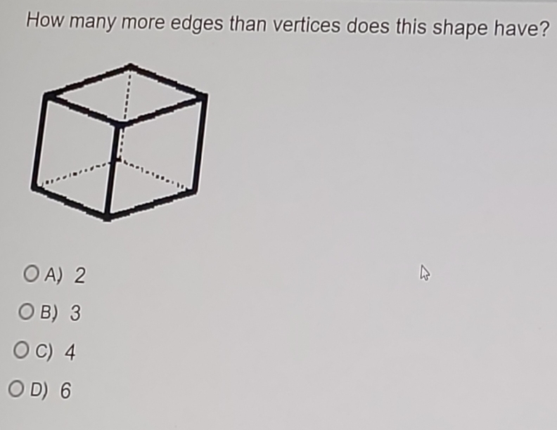Solved: How many more edges than vertices does this shape have? A) 2 B ...