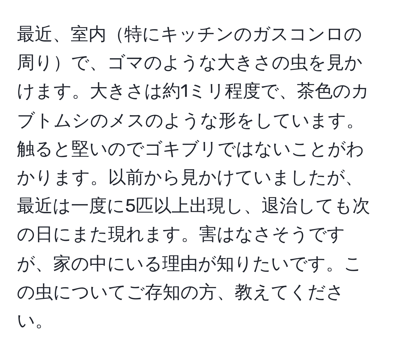 最近、室内特にキッチンのガスコンロの周りで、ゴマのような大きさの虫を見かけます。大きさは約1ミリ程度で、茶色のカブトムシのメスのような形をしています。触ると堅いのでゴキブリではないことがわかります。以前から見かけていましたが、最近は一度に5匹以上出現し、退治しても次の日にまた現れます。害はなさそうですが、家の中にいる理由が知りたいです。この虫についてご存知の方、教えてください。