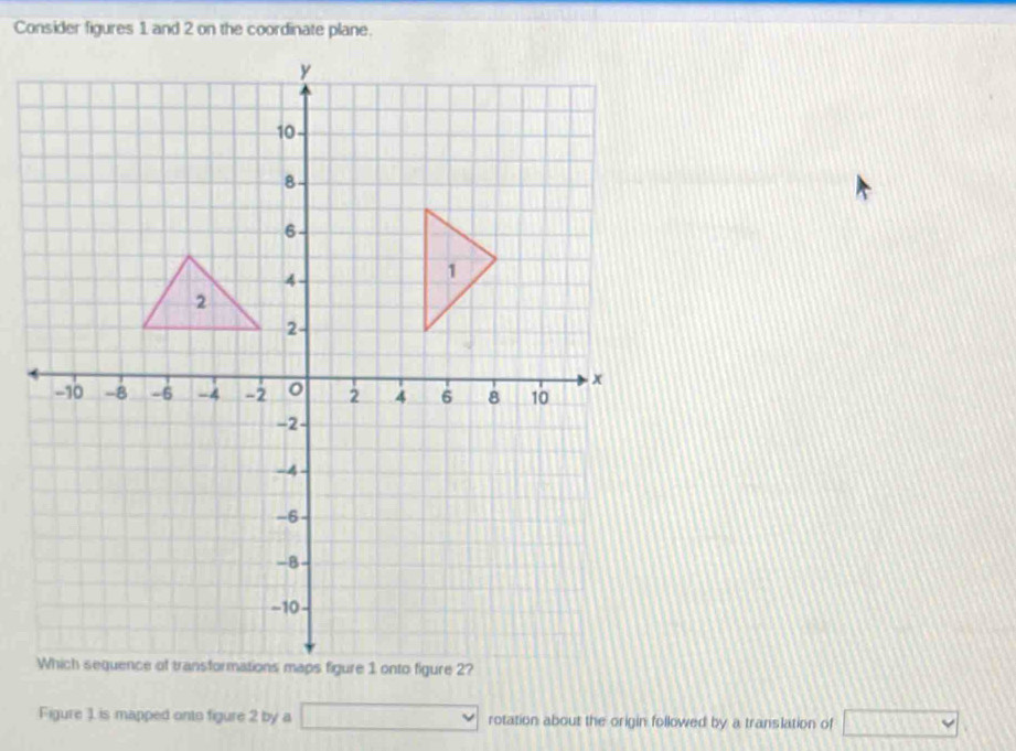 Consider figures 1 and 2 on the coordinate plane. 
Figure 1. is mapped onto figure 2 by a □ rotation about the origin followed by a translation of □