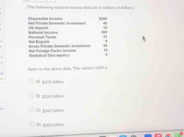 (The following national income data are in billions of dollars.)
Disposable Income $200
Net Private Domestic Investment 40
US Imports 15
National Income 300
Personal Taxes 31
2 Net Exports
9
Gross Private Domestic Investment 55
Net Foreign Factor Income 10
5 Statistical Discrepancy 0
Refer to the above data. This nation's GDP is:
18
A) $315 billion
B) $324 billion
on
C) $367 billion
D) $305 billion