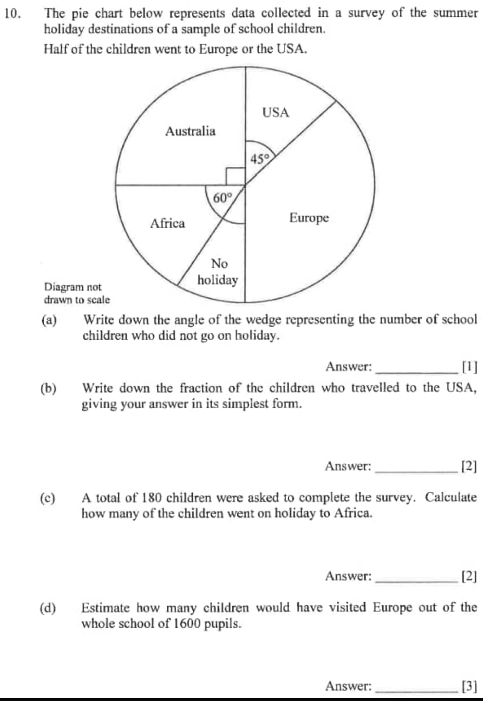 The pie chart below represents data collected in a survey of the summer
holiday destinations of a sample of school children.
Half of the children went to Europe or the USA.
Diagram no
drawn to sca
(a) Write down the angle of the wedge representing the number of school
children who did not go on holiday.
Answer: _[1]
(b) Write down the fraction of the children who travelled to the USA,
giving your answer in its simplest form.
Answer:_ [2]
(c) A total of 180 children were asked to complete the survey. Calculate
how many of the children went on holiday to Africa.
Answer:_ [2]
(d) Estimate how many children would have visited Europe out of the
whole school of 1600 pupils.
Answer: _[3]