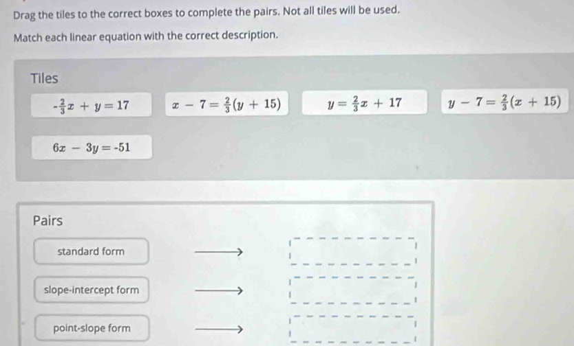 Drag the tiles to the correct boxes to complete the pairs. Not all tiles will be used,
Match each linear equation with the correct description.
Tiles
- 2/3 x+y=17 x-7= 2/3 (y+15) y= 2/3 x+17 y-7= 2/3 (x+15)
6x-3y=-51
Pairs
standard form
slope-intercept form
point-slope form