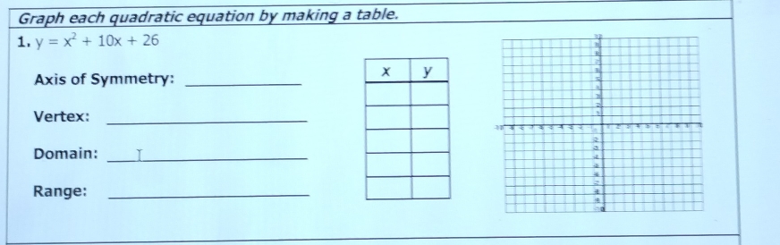 Graph each quadratic equation by making a table. 
1. y=x^2+10x+26
Axis of Symmetry:_ 
Vertex:_ 
Domain:_ 
Range:_