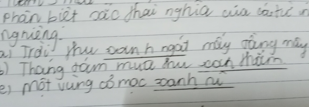 phan biet sàc thai nghia ain dǎote o 
ngniing 
ai Trew Hw conh ngat may dang may 
) Thang down muc mu zoun Mham 
e) mot vung comoc zoanh n