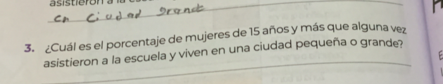 ¿Cuál es el porcentaje de mujeres de 15 años y más que alguna vez 
_ 
asistieron a la escuela y viven en una ciudad pequeña o grande?