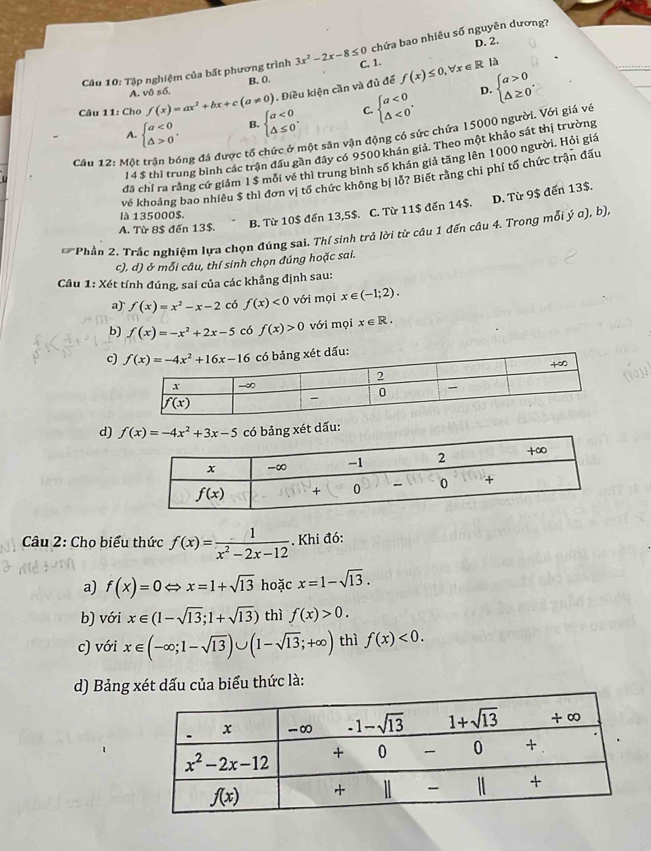 chứa bao nhiêu số nguyên dương?
là
Câu 10: Tập nghiệm của bất phương trình 3x^2-2x-8≤ 0 C. 1. f(x)≤ 0,forall x∈ R D. 2.
D. beginarrayl a>0 △ ≥ 0endarray. .
A. v0s6. B. 0.. Điều kiện cần và đủ để
Câu 11: Cho f(x)=ax^2+bx+c(a!= 0) beginarrayl a<0 △ ≤ 0endarray. . C. beginarrayl a<0 △ <0endarray. .
A. beginarrayl a<0 △ >0endarray. . B.
Câu 12: Một ng đá được tổ chức ở một sân vận động có sức chứa 15000 người. Với giá vé
14 $ thì trung bình các trận đấu gần đây có 9500 khán giả. Theo một khảo sát thị trường
đã chỉ ra rằng cứ giảm 1 $ mỗi vé thì trung bình số khán giả tăng lên 1000 người. Hỏi giá
vé khoảng bao nhiêu $ thì đơn vị tổ chức không bị lỗ? Biết rằng chi phí tổ chức trận đấu
B. Từ 10$ đến 13,5$. C. Từ 11$ đến 14$. D. Từ 9$ đến 13$.
là 135000$.
A. Từ 8$ đến 13$.
Phần 2. Trắc nghiệm lựa chọn đúng sai. Thí sinh trả lời từ câu 1 đến câu 4. Trong mỗi ý a), b),
c), d) ở mỗi câu, thí sinh chọn đúng hoặc sai.
Câu 1: Xét tính đúng, sai của các khẳng định sau:
a) f(x)=x^2-x-2 có f(x)<0</tex> với mọi x∈ (-1;2).
b) f(x)=-x^2+2x-5 có f(x)>0 với mọi x∈ R.
c)
d) xét dấu:
Câu 2: Cho biểu thức f(x)= 1/x^2-2x-12 . Khi đó:
a) f(x)=0Leftrightarrow x=1+sqrt(13) hoặc x=1-sqrt(13).
b) với x∈ (1-sqrt(13);1+sqrt(13)) thì f(x)>0.
c) với x∈ (-∈fty ;1-sqrt(13))∪ (1-sqrt(13);+∈fty ) thì f(x)<0.
d) Bảng xét dấu của biểu thức là: