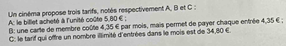 Un cinéma propose trois tarifs, notés respectivement A, B et C :
A: le billet acheté à l'unité coûte 5,80 €;
B: une carte de membre coûte 4,35 € par mois, mais permet de payer chaque entrée 4,35 €;
C: le tarif qui offre un nombre illimité d'entrées dans le mois est de 34,80 €.