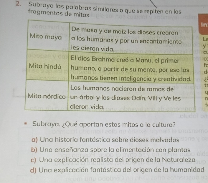 Subraya las palabras similares o que se repiten en los
fragmentos de mitos.
n
Le
y
Cl
C
fo
d
i
tr
q
n
f
Subraya. ¿Qué aportan estos mitos a la cultura?
a) Una historia fantástica sobre dioses malvados
b) Una enseñanza sobre la alimentación con plantas
c) Una explicación realista del origen de la Naturaleza
d) Una explicación fantástica del origen de la humanidad