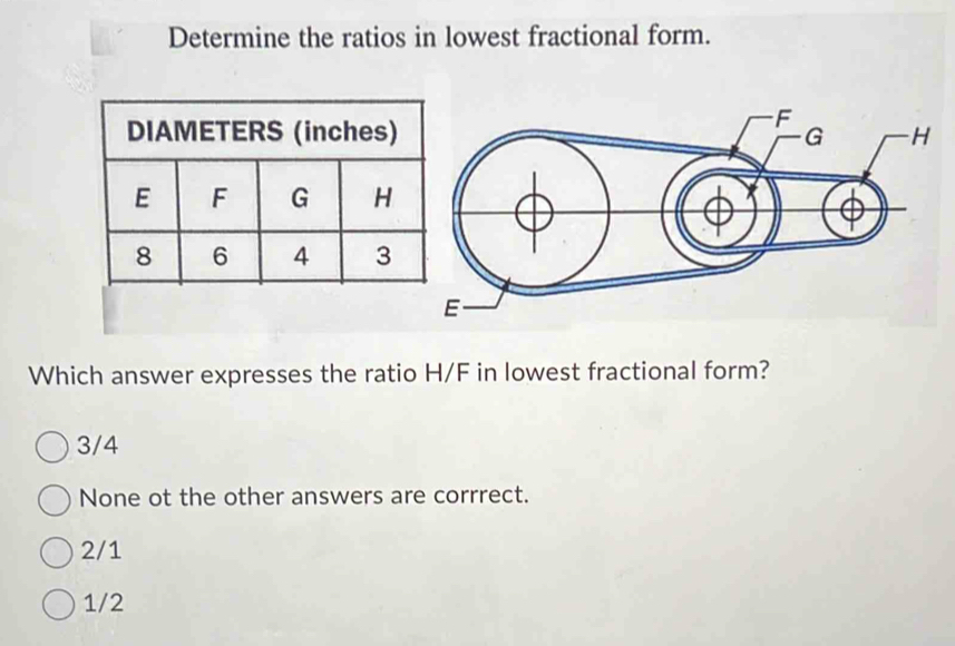 Determine the ratios in lowest fractional form.

Which answer expresses the ratio H/F in lowest fractional form?
3/4
None ot the other answers are corrrect.
2/1
1/2