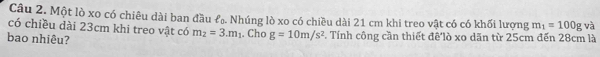 Một lò xo có chiêu dài ban đầu f₀. Nhúng lò xo có chiều dài 21 cm khi treo vật có có khối lượng m_1=100g và 
có chiều dài 23cm khi treo vật có m_2=3.m_1. Cho g=10m/s^2
bao nhiêu? Tính công cần thiết đế lò xo dãn từ 25cm đến 28cm là