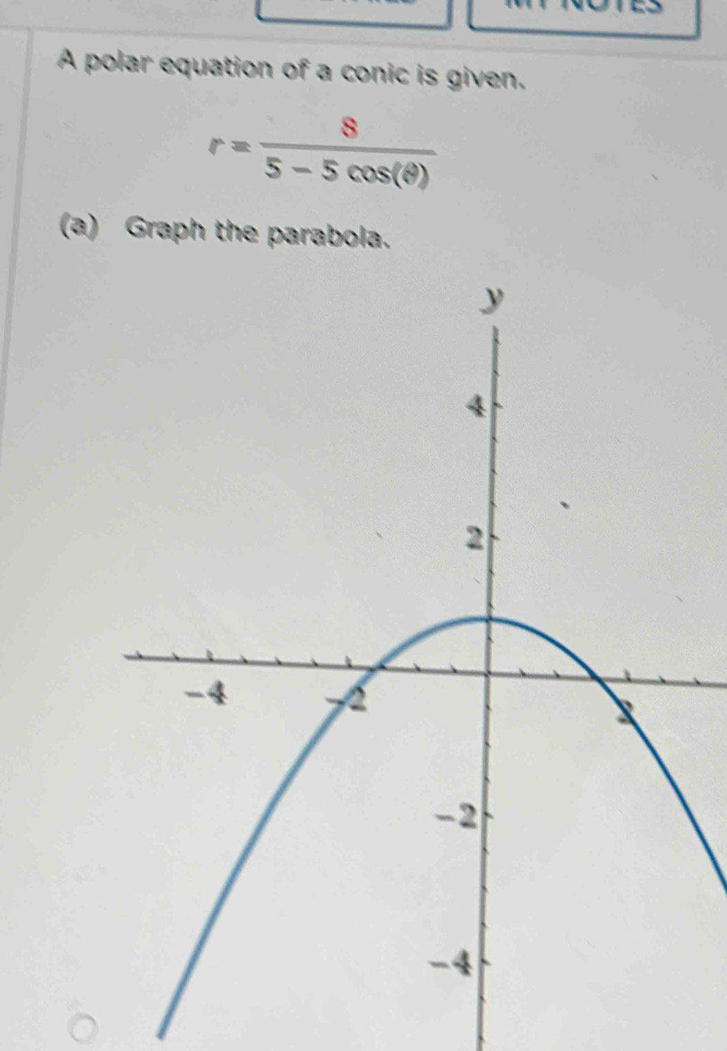 A polar equation of a conic is given.
r= 8/5-5cos (θ ) 
(a) Graph the parabola.