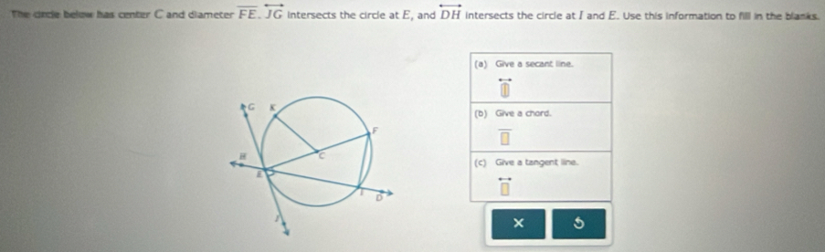 The drcle below has center C and diameter vector FE.overleftrightarrow JG intersects the circle at E, and overleftrightarrow DH intersects the circle at I and E. Use this information to filll in the blanks. 
(a) Give a secant line. 
(b) Give a chord.
overline □ 
(c) Give a tangent line. 
_ ^circ  
× 5