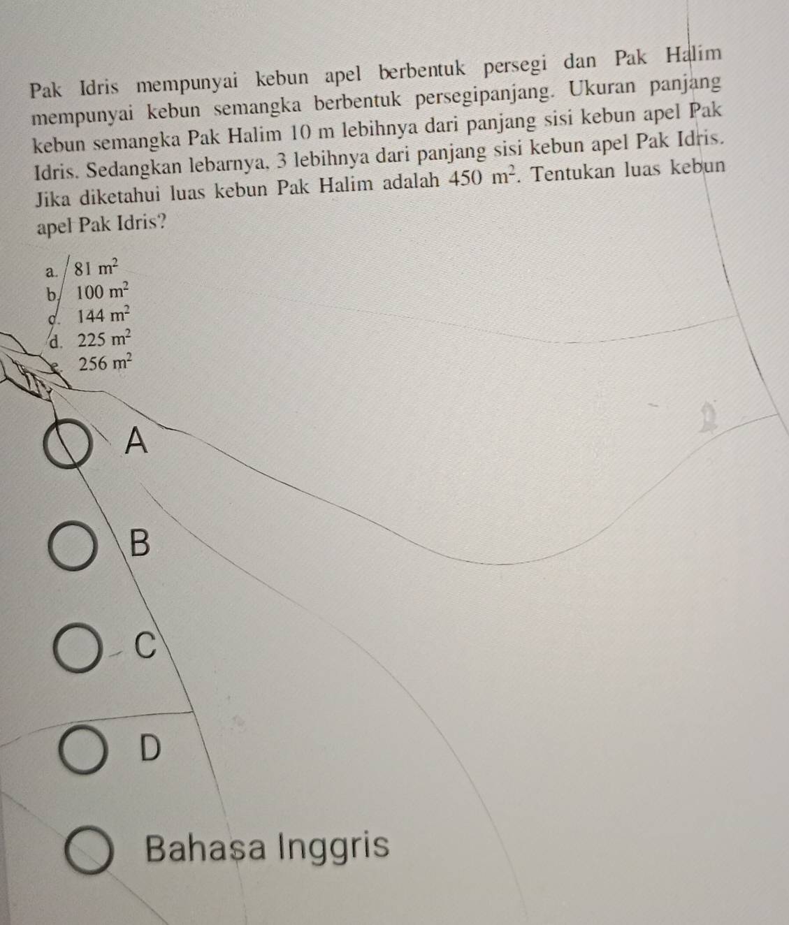 Pak Idris mempunyai kebun apel berbentuk persegi dan Pak Halim
mempunyai kebun semangka berbentuk persegipanjang. Ukuran panjang
kebun semangka Pak Halim 10 m lebihnya dari panjang sisi kebun apel Pak
Idris. Sedangkan lebarnya, 3 lebihnya dari panjang sisi kebun apel Pak Idris.
Jika diketahui luas kebun Pak Halim adalah 450m^2. Tentukan luas kebun
apel Pak Idris?
a. 81m^2
b 100m^2
d. 144m^2
d. 225m^2
256m^2
A
B
C
D
Bahasa Inggris