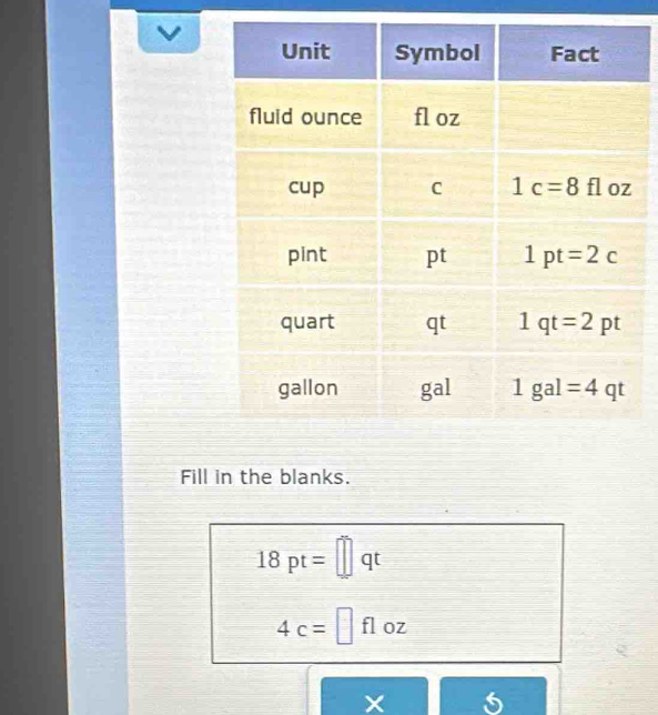 Fill in the blanks.
18pt= qt
4c= =□ fl oz