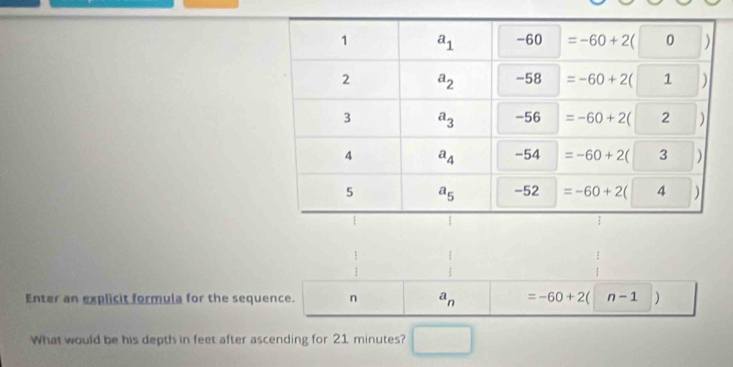 Enter an explicit formula for the sequence. n a_n =-60+2( n-1
What would be his depth in feet after ascending for 21 minutes?