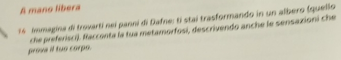 A mano libera 
14 Immagina di trovartí nei panni di Dafne; ti stai trasformando in un albero (quello 
che preferisci). Racconta la tua metamorfosi, descrivendo anche le sensazioni che 
prova il tuo corpo.