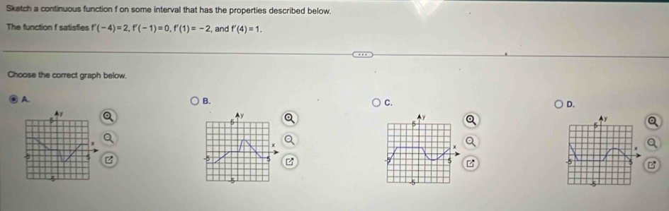 Sketch a continuous function f on some interval that has the properties described below. 
The function f satisfies f'(-4)=2, f'(-1)=0, f'(1)=-2 , and f'(4)=1. 
Choose the correct graph below. 
A 
B. 
C. 
D. 
Ay 
Ay
x
5 
z 
B 
r