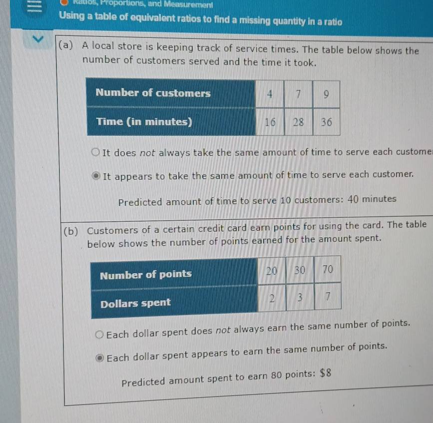 Ratos, Proportions, and Measurement 
Using a table of equivalent ratios to find a missing quantity in a ratio 
(a) A local store is keeping track of service times. The table below shows the 
number of customers served and the time it took. 
It does not always take the same amount of time to serve each custome 
It appears to take the same amount of time to serve each customer. 
Predicted amount of time to serve 10 customers: 40 minutes
(b) Customers of a certain credit card earn points for using the card. The table 
below shows the number of points earned for the amount spent. 
Each dollar spent does not always earn the same number of points. 
Each dollar spent appears to earn the same number of points. 
Predicted amount spent to earn 80 points: $8