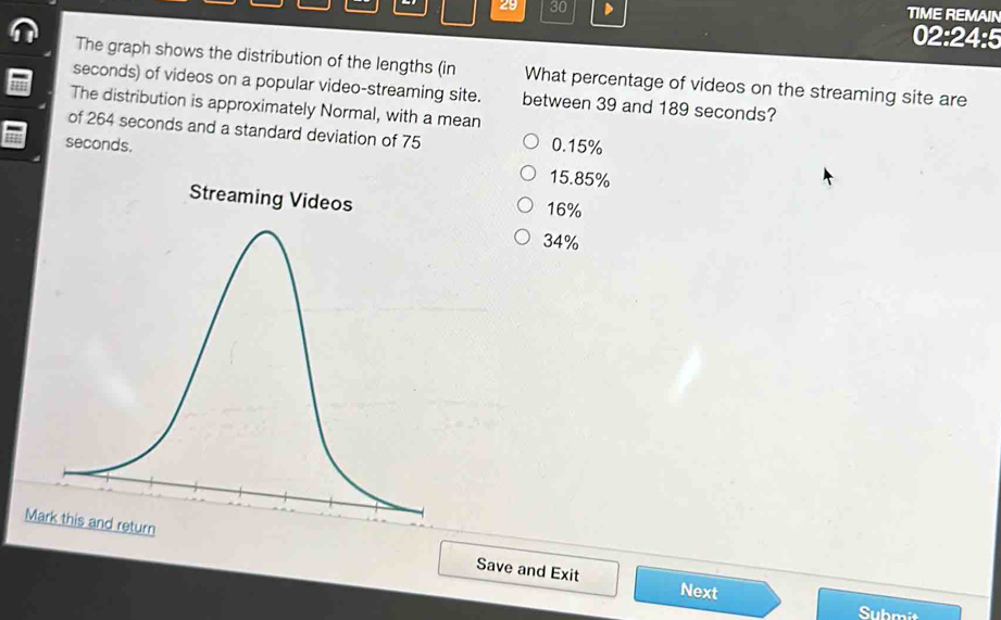 29 30 D TIME REMAIN
02:24:5
The graph shows the distribution of the lengths (in What percentage of videos on the streaming site are
seconds) of videos on a popular video-streaming site. between 39 and 189 seconds?
The distribution is approximately Normal, with a mean
of 264 seconds and a standard deviation of 75 0.15%
seconds. 15.85%
Streaming Videos 16%
34%
Save and Exit
Next
Submit