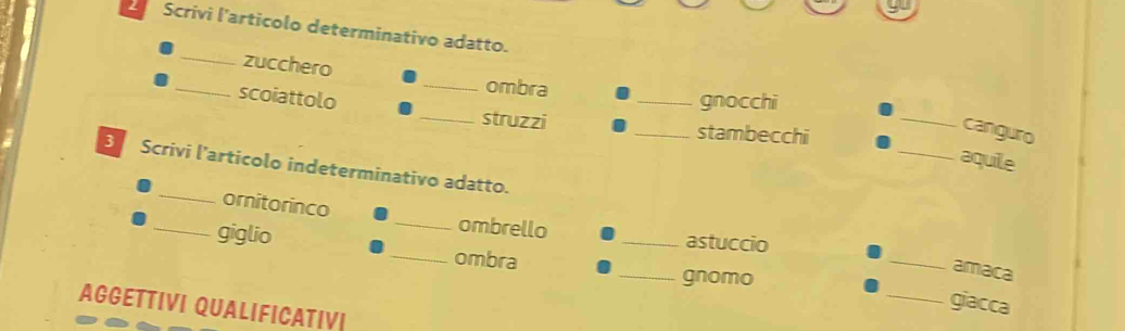 Scrivi l’articolo determinativo adatto. 
_ 
_zucchero _ombra 
gnocchi 
scoiattolo _struzzi ____aquile 
stambecchi 
canguro 
_ 
3 Scrivi l’articolo indeterminativo adatto. 
_ 
ornitorinco _ombrello _astuccio 
_giglio _ombra 
_ 
_gnomo 
amaca 
giacca 
AGGETTIVI QUALIFICATIVI