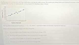 bredkey workS of a fcsliuranl, caming a dally saliary and tps per table served. The scarter plot shows how much money he eamed, in doi
rslabed to the number of Lrblies served. A lime of best ft for Bradey's data is shown.

70.
1
. 
Tables Served 10 1 1 1 1
The equation of the line of best fir y=4x+23 , where i represents tables served and y represents total pup 
What is the mearing of the slope of the line of best Fish
A. fol every toble served, BScadey's pay mersases by an averagn of $4
# For envery table vervend, Bradley's pay imorness by wl average of $33.
i brastey serves 4 tablin, he will sar on averape of $25.
C # B enky serves 25 tablet, me will nurn an average of $0