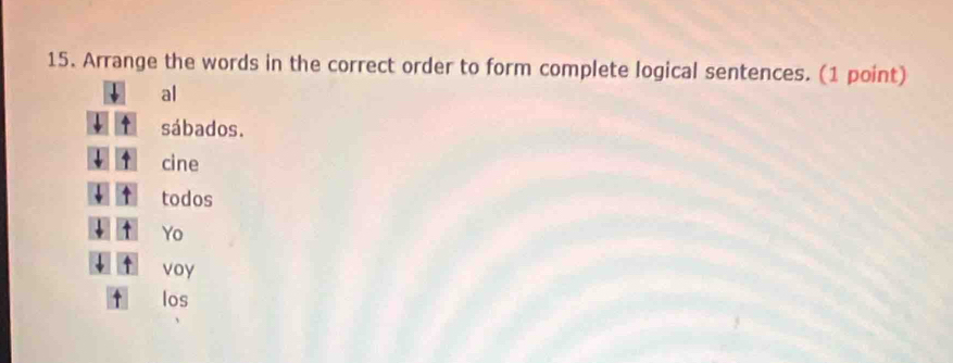 Arrange the words in the correct order to form complete logical sentences. (1 point)
al
sábados.
cine
todos
Yo
voy
los