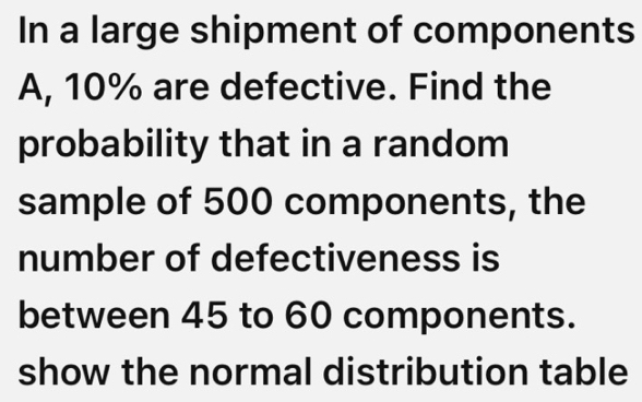 In a large shipment of components 
A, 10% are defective. Find the 
probability that in a random 
sample of 500 components, the 
number of defectiveness is 
between 45 to 60 components. 
show the normal distribution table