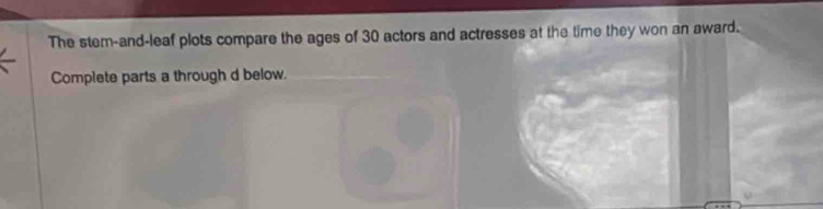 The stem-and-leaf plots compare the ages of 30 actors and actresses at the time they won an award. 
Complete parts a through d below.